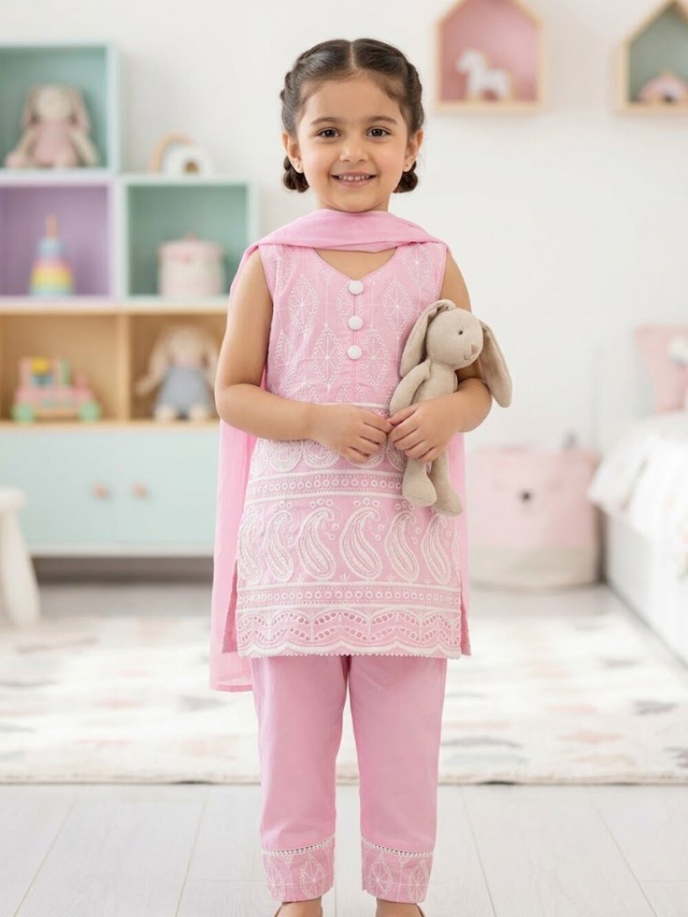 Girls' 3-Piece Pink Ethnic Suit Set | Sleeveless Embroidered Kurta, Trousers & S